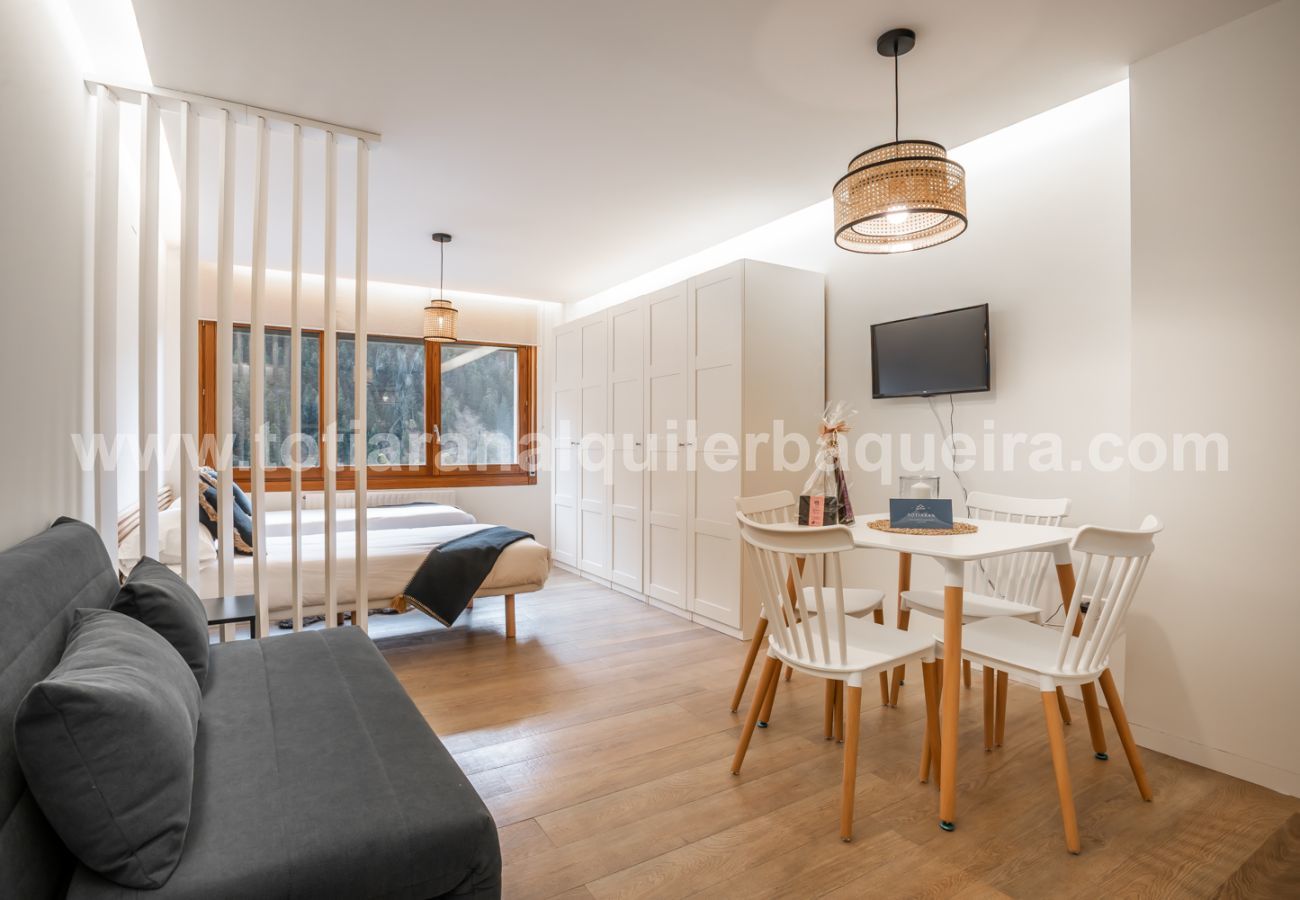 Studio confortable à Baqueira 1500, à quelques pas de la télécabine, idéal pour 2 adultes et 2 enfants ou 3 adultes.